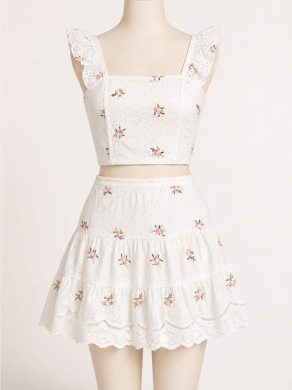 White Eyelet Tiered Mini Skirt set with Floral Embroidery